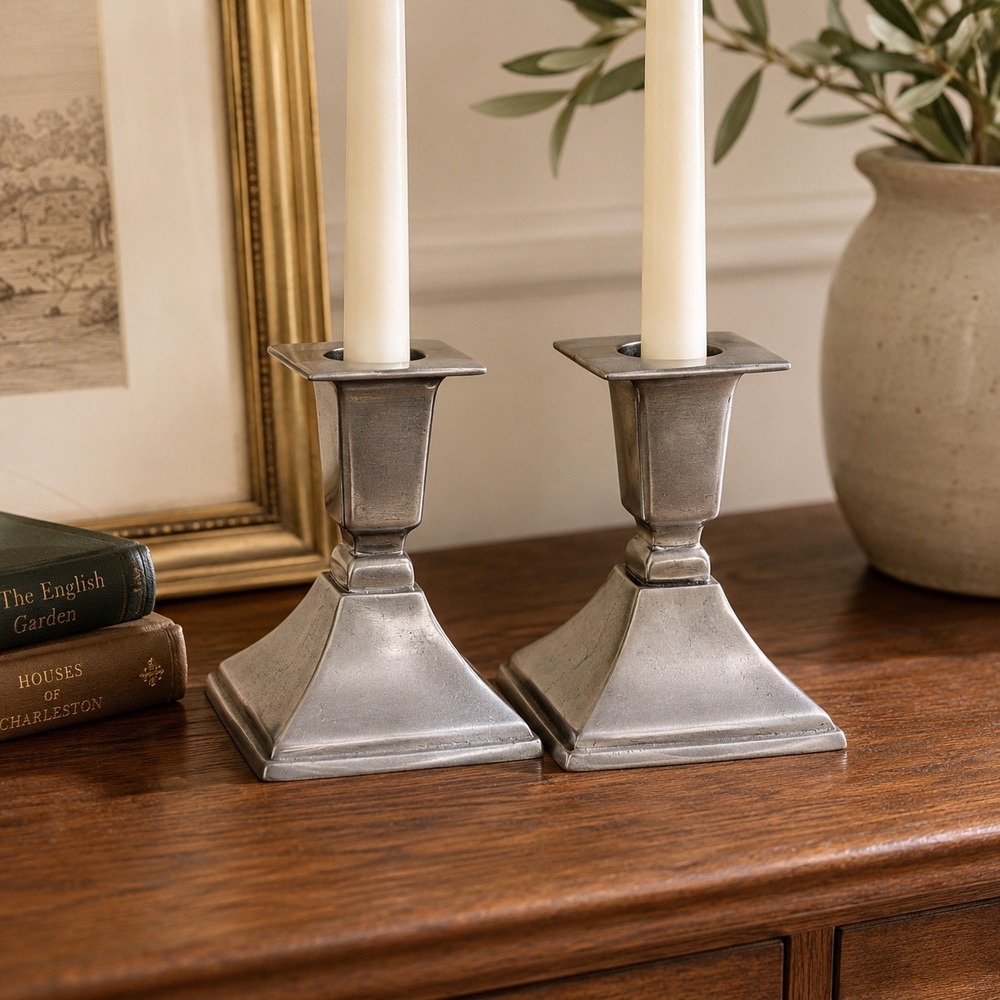 Vintage Pewter Candlestick Holders Pair Traditional Shelf Decor Silver Tone